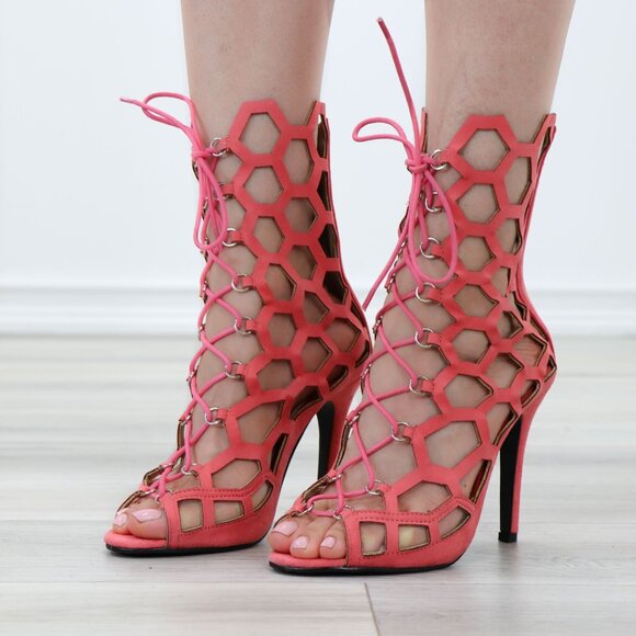 MM Shoes - Lace-Up Strappy Glam Gladiator Suede Open Toe Needle High Heel Stiletto Sandals